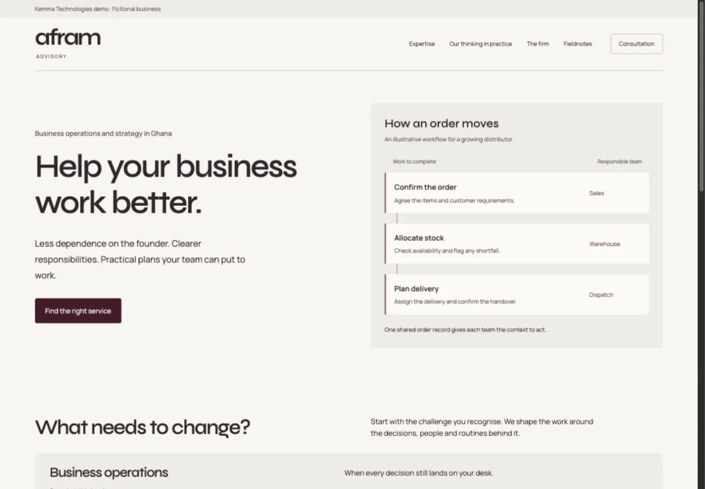 Afram Advisory consultancy demo with plum accents and a clear business operations introduction