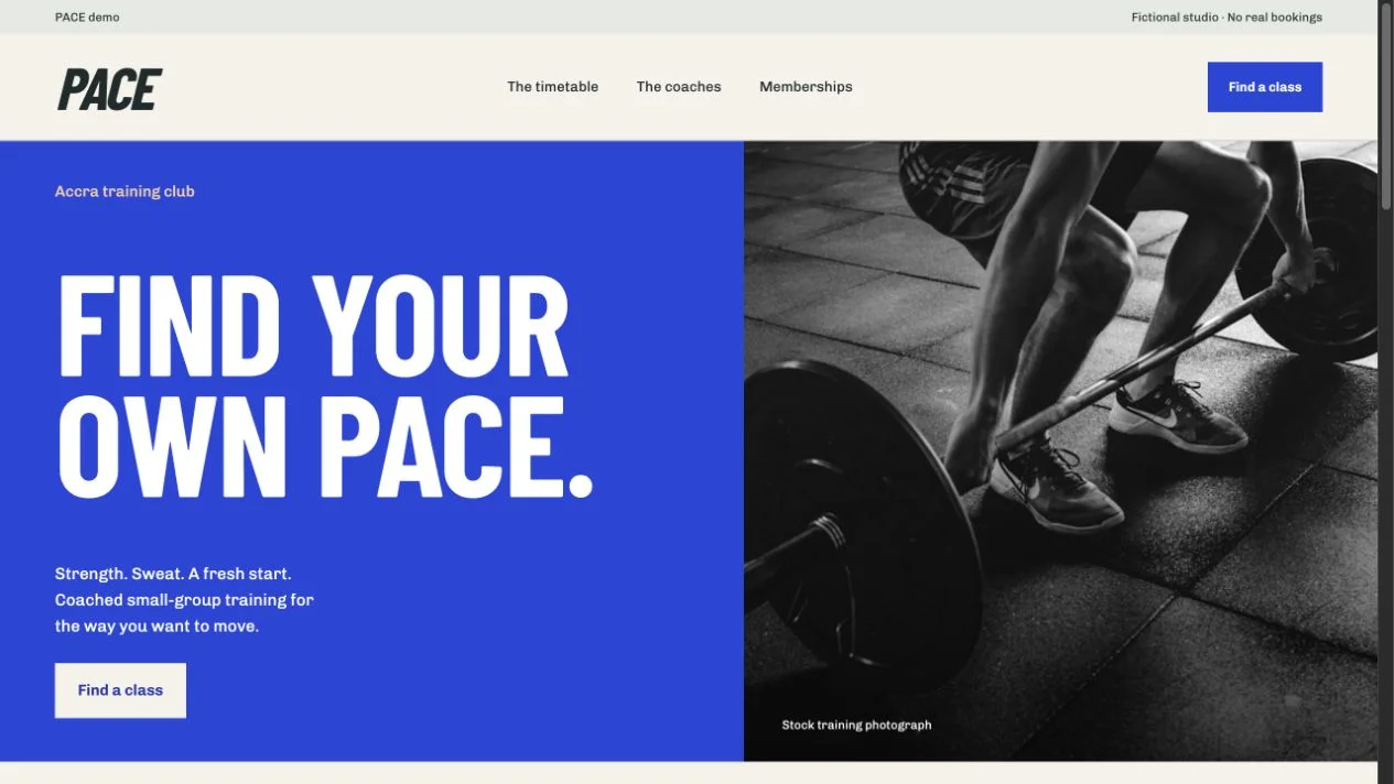 PACE gym demo with cobalt blue typography, a Find your own pace headline and training photography