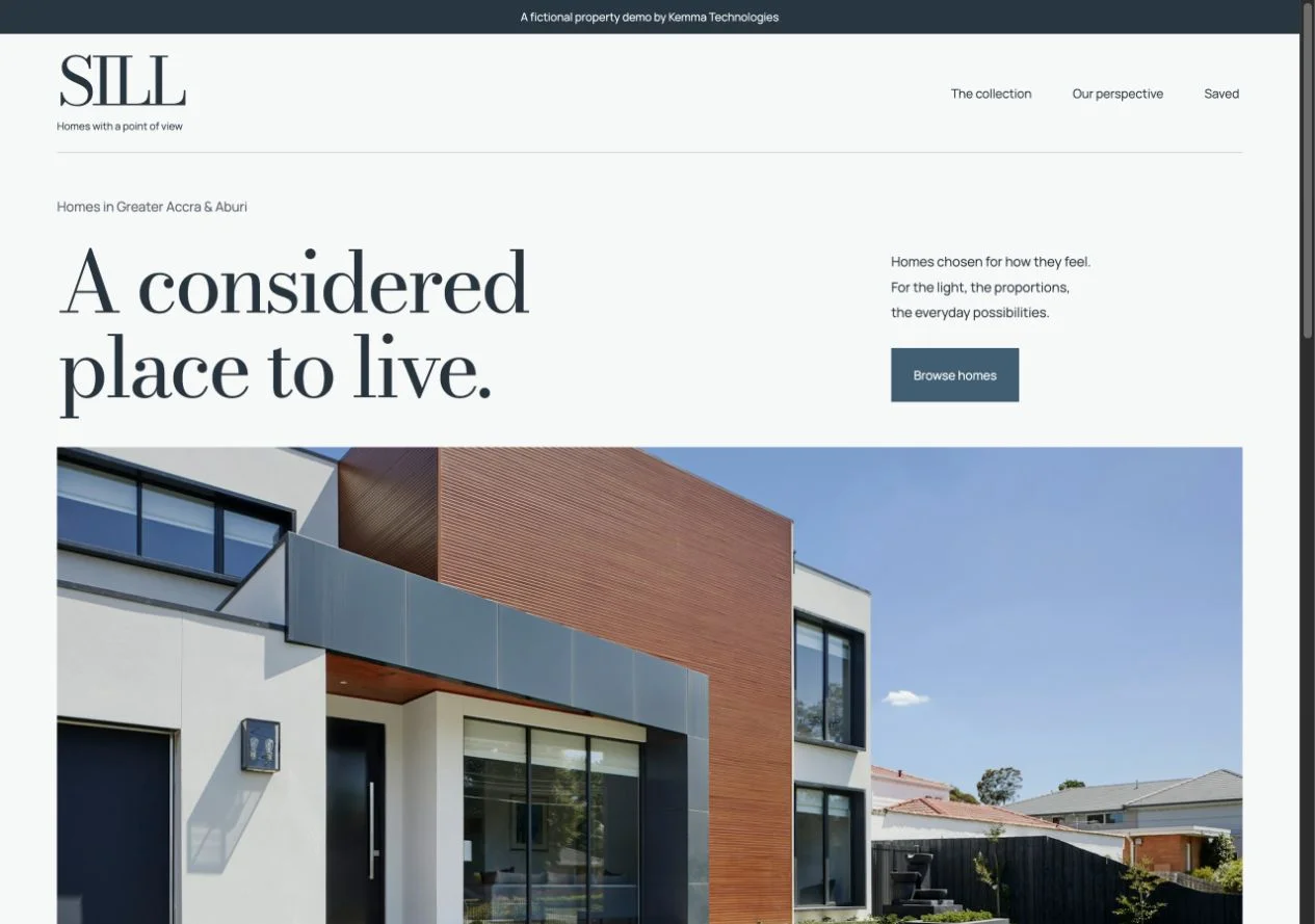 SILL property demo with architectural typography and an illustrative house photograph